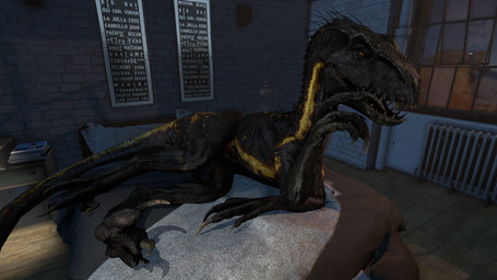 bed bedroom bedroom_eyes black_body black_scales blonde_highlights claws feral finger_in_mouth flirting flirting_look flirting_with_viewer furniture highlights_(coloring) inside lying lying_on_bed male narrowed_eyes on_bed on_side pose quills_(anatomy) scales seductive sickle_claw solo text toe_claws ireallyliketanks jurassic_park jurassic_world universal_studios ripper_(jurassic_world) dinosaur indoraptor prehistoric_species reptile saurischian scalie theropod 16:9 3d_(artwork) digital_media_(artwork) english_text hi_res pinup source_filmmaker_(artwork) story story_in_description widescreen