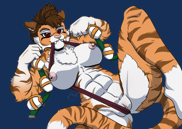 abs anthro big_breasts breasts brown_eyes brown_hair chest_tuft explosives female genitals grenade hair muscular muscular_anthro muscular_female navel nipples nude object_in_mouth pupils scar simple_background slit_pupils solo transparent_background tuft vulva weapon yawg the_iron_reef mia_(yawg) felid mammal pantherine tiger alpha_channel