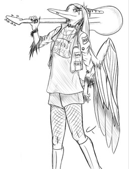 alternate_costume alternate_form anthro black_nails choker clothed clothing colored_nails electric_guitar feathered_wings feathers female guitar jewelry long_nails long_snout looking_at_viewer makeup musical_instrument nails necklace plucked_string_instrument snout solo string_instrument wings unknown_artist cavemanon_studios goodbye_volcano_high ko_op_(game_developer) snoot_game fang_(gvh) prehistoric_species pterosaur reptile scalie monochrome sketch