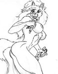 ambiguous_gender anthro character_in_hand extreme_size_difference female group hair holding_character imminent_vore larger_female long_hair macro muscular muscular_anthro muscular_female nipples size_difference small_waist smaller_ambiguous smaller_human teeth kolt canid canine canis human mammal wolf 1998 low_res monochrome sketch traditional_media_(artwork)