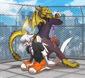 anthro bodily_fluids clothed clothing collar cum cum_in_a_cup cum_in_container dominant dominant_male duo erection genital_fluids genitals humanoid_genitalia humanoid_penis kneeling leash male male/male muzzle_(object) muzzled outside penis public submissive submissive_male tail wings wire_basket_muzzle ehbear mythology dragon mythological_creature mythological_scalie scalie hi_res