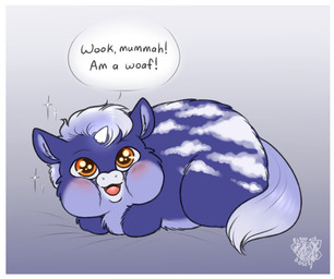 1_horn ambiguous_feral ambiguous_gender baby_talk blush border countershade_fur countershading dialogue feral fur fur_markings glowing glowing_horn gradient_background hair happy horn markings open_mouth orange_eyes purple_body purple_fur purple_hair purple_tail quadruped simple_background smile solo sparkles sparkling_eyes speech_bubble tail text white_border white_horn young young_ambiguous young_feral bloodandroses fluffy_pony fluffy_pony_(species) mammal 2025 digital_media_(artwork) english_description english_text signature