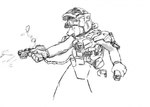 anthro armor gun handgun headgear helmet open_mouth ranged_weapon shooting shooting_gun side_view solo weapon inxt unknown_species hi_res monochrome sketch