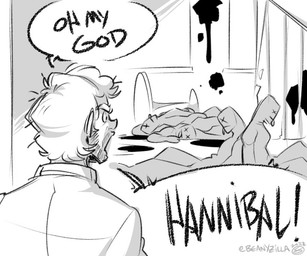 after_murder ambiguous_gender blood bodily_fluids clothed clothing corpse death dialogue eyebrows facial_hair furniture group hair human_focus human_only inside male not_furry speech_bubble table zillabean hannibal_(series) will_graham human mammal 6:5 digital_media_(artwork) monochrome