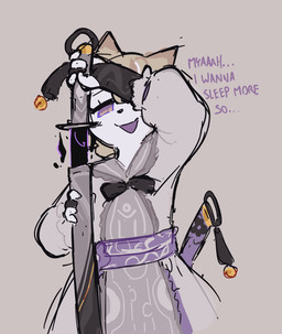 anthro bow_tie breasts clothing dialogue dress female front_view gloves grey_background handwear holding_melee_weapon holding_object holding_sword holding_weapon looking_at_viewer melee_weapon open_mouth purple_eyes scabbard simple_background smile solo sword text weapon eerieviolet ka'la_(eerieviolet) domestic_cat felid feline felis mammal 2025 digital_media_(artwork) english_text