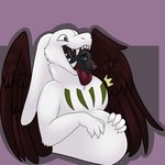 abdominal_bulge ambiguous_gender ambiguous_prey anthro belly black_body black_fur duo fangs fur head_in_mouth male male/ambiguous male_pred open_mouth oral_vore teeth vore white_body white_fur wings basilic_(character) ayakashi canid canine fox mammal 1:1 hi_res