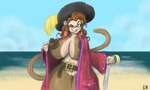 anthro beach belt big_breasts blush breasts brown_hair clothed clothing coat ear_piercing ear_ring eyebrows eyelashes fangs female green_eyes hair hat headgear headwear huge_breasts long_hair looking_at_viewer melee_weapon outside partially_clothed piercing pirate pirate_hat pirate_outfit raised_eyebrow ring_piercing sea seaside smile solo sword teeth thick_thighs topwear undressing water weapon willikers haplorhine mammal monkey primate 5:3 absurd_res hi_res