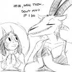 1:1 anthro black_and_white bovid breasts caprine caprine_demon cleavage clothed clothing demon dialogue duo english_text eyes_closed female goat goat_demon halo hi_res hladilnik horn lucy_(hladilnik) male mammal monochrome smile text tommy_(hladilnik) traditional_halo