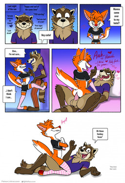 anal anal_penetration anthro anus armwear ass_up balls bedroom_eyes bodily_fluids bottomless bottomless_anthro bottomless_male bottomwear broken_heart butt clothed clothing cowgirl_position crop_top crossed_arms dialogue duo erection eyes_closed feet femboy fingers from_front_position fur furniture genital_fluids genitals half-closed_eyes heart_symbol humanoid_genitalia humanoid_penis humor legwear looking_at_viewer male male/male male_penetrated male_penetrating male_penetrating_male narrowed_eyes navel on_bottom on_top open_mouth penetration penile penile_penetration penis penis_in_ass pillow profanity seductive sex shirt shorts smile speech_bubble stockings tail talking_to_viewer text toes tongue tongue_out topwear nikraccoom nik_(nik159) canid canine fox mammal procyonid raccoon comic digital_media_(artwork) english_text hi_res