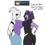 accessory anthro ask_blog asriel_dreemurr_(god_form) big_breasts black_sclera boss_monster_(undertale) bovid bow_(feature) bow_accessory bow_ribbon breast_size_difference breasts caprine clothed clothing crossgender duo english_text exclamation_point fangs female fur goat hair hair_accessory hair_bow hair_over_eye hair_ribbon hand_on_hip huge_breasts mammal markings mtf_crossgender muffet multi_arm multi_eye multi_limb one_eye_obstructed open_mouth open_smile ribbons robertge smile teeth text tongue twin_bows twin_hair_bows undertale undertale_(series) white_body white_fur