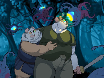 age_difference ambiguous_gender anthro belly bulge clothing detailed_bulge erection eye_contact forest glowing glowing_eyes group hypnosis hypnotic_eyes larger_male looking_at_another male male_focus mature_male melee_weapon mind_control older_male overweight overweight_male parasite plant precum_through_pants resisting_mind_control ringed_eyes shirt size_difference smaller_male smile sword tenting topwear tree weapon younger_male conditional_dnp erobos ero_(erobos) alien cricetid hamster mammal rodent absurd_res hi_res