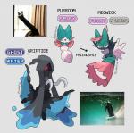ambiguous_gender black_body blue_body feral fur green_body green_fur grey_background group on_model pink_body pink_fur real simple_background text viiperfish fakemon longcat death_(personification) grim_reaper domestic_cat felid feline felis mammal english_text hi_res meme