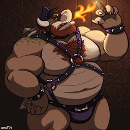 4_fingers anthro beard belly body_hair bracelet breath_powers brick_wall bulge chest_hair cigar clothing collar elemental_manipulation facial_hair fingers fire fire_breathing fire_manipulation green_body green_scales hair harness hat headgear headwear holding_cigar holding_object horn jewelry leather leather_daddy leather_harness looking_at_viewer male manly mostly_nude mostly_nude_anthro mostly_nude_male musclegut muscular muscular_anthro muscular_male navel overweight overweight_anthro overweight_male red_beard red_eyes red_facial_hair red_hair scales shell solo spiked_bracelet spiked_collar spiked_shell spikes spikes_(anatomy) standing thong underwear wall_(structure) yellow_body yellow_scales nanoff bowser_day mario_bros nintendo bowser dragon_koopa koopa scalie 1:1 2025 english_description hi_res