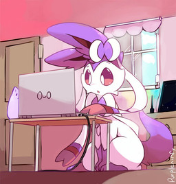 accessory ambiguous_gender bow_ribbon cable computer detailed_background door drawer drawing_tablet electronics feral fur hair_accessory hair_bow hair_ribbon inside lamp laptop multicolored_body multicolored_fur owo purple_body purple_fur purple_sclera ribbons sitting solo two_tone_body two_tone_fur white_body white_eyes white_fur window purpleninfy nintendo pokemon eeveelution generation_6_pokemon pokemon_(species) sylveon 2018 signature