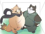 anthro belly big_belly clothed clothing duo kemono male one_eye_closed overweight overweight_male scarf simple_background wink inunoshippo tera_online canid canine canis domestic_dog mammal popori raccoon_dog tanuki 2024 4:3 hi_res