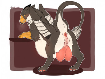 beak belly big_belly big_teats border brown_background female feral genitals huge_belly huge_teats hyper hyper_belly hyper_pregnancy leaning leaning_forward looking_back_at_self pawpads pink_pawpads pregnant pregnant_female pregnant_feral simple_background solo talon_hands teats toony udders vulva white_border wings yellow_eyes punkt.punkk mythology bhaskara avian gryphon mythological_avian mythological_creature hi_res