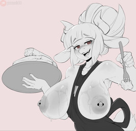 anthro apron areola barbell_piercing bedroom_eyes big_breasts bodily_fluids breasts clothing clothing_between_breasts curved_horn cutlery fangs female fork hair hair_bun half-closed_eyes horizontal_pupils horn kitchen_utensils markings mole_(marking) mole_under_eye narrowed_eyes nipple_barbell nipple_piercing nipples open_mouth open_smile piercing pupils seductive serving_tray simple_background smile solo sweat sweatdrop teeth tools yxxzoid helltaker goat_lucifer_(helltaker) bovid caprine goat mammal hi_res monochrome