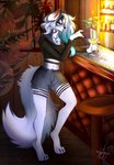 alcohol bar beverage blue_lips bottomwear breasts casual_outfit cleavage clothed clothing female fur grey_body grey_fur jewelry lips mature_female necklace paws shorts solo teasing yellow_eyes poppypoco kerris_doka canid canine canis domestic_dog mammal hi_res