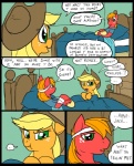 2012 applejack_(mlp) bandage bed big_macintosh_(mlp) blonde_hair clothed clothing comic cowboy_hat dialogue digital_media_(artwork) door duo earth_pony english_text equid equine female feral freckles friendship_is_magic fur furniture green_eyes hair hasbro hat headgear headwear horse inside lying male mammal mane metal_(artist) my_little_pony on_back orange_body orange_fur pillow pony red_body red_fur speech_bubble text wavy_mouth