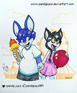anthro black_hair blue_body blue_fur blue_hair bottomwear clothed clothing dessert dress duo eyewear food fur glasses glistening glistening_eyes grey_bottomwear grey_clothing grey_pants hair hand_holding holding_balloon holding_food holding_ice_cream holding_object ice_cream logo long_hair male open_mouth open_smile outside pants pink_clothing pink_dress red_eyes round_glasses shirt short_hair smile t-shirt text topwear white_body white_clothing white_fur white_shirt white_t-shirt white_topwear yellow_eyes yellow_sclera young young_anthro young_male pandapaco domestic_cat felid feline felis lagomorph leporid mammal rabbit 2017 artist_logo dated signature url