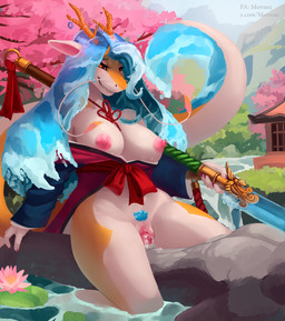 anthro areola asian_clothing barbel_(anatomy) big_breasts blue_hair blush bodily_fluids breasts clothing cowgirl_position cum east_asian_clothing female female_on_top female_penetrated from_front_position genital_fluids genitals hair holding_object holding_weapon horn japanese_clothing knot_sitting knotting long_ears long_tail lying male male/female male_on_bottom male_penetrating male_penetrating_female melee_weapon nipples non-mammal_breasts non-mammal_hair non-mammal_nipples non-mammal_vulva offscreen_male on_back on_bottom on_top orange_body orange_eyes outside penetration penile penile_penetration penis_in_vagina pink_nipples plant polearm pseudo_hair pubes sex smile spear tail tree vaginal vaginal_penetration vulva water weapon white_body wide_hips merrunz mythology dragon eastern_dragon mythological_creature mythological_scalie scalie absurd_res hi_res