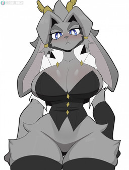 anthro antlers big_breasts biped black_clothing black_legwear black_thigh_highs blue_eyes blush breasts cleavage clothed clothing featureless_crotch female front_view frown fur grey_body grey_fur horn legwear looking_at_viewer looking_down looking_down_at_viewer solo thigh_highs cooliehigh pseudoregalia sybil_(pseudoregalia) bovid caprine goat hybrid jackalope lagomorph mammal 2024 hi_res