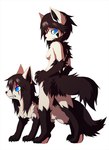 ambiguous_gender anthro black_body black_fur black_hair black_inner_ear black_nose blue_eyes breasts duo eye_scar facial_scar female feral fur grey_body grey_fur hair hand_on_hip hand_on_own_hip looking_back nude pokemorph red_scar scar simple_background snout standing tail white_background falvie nintendo pokemon generation_3_pokemon mightyena pokemon_(species) 2011 cel_shading digital_drawing_(artwork) digital_media_(artwork) shaded