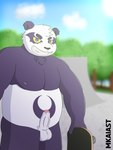 anthro balls big_balls blurred_background foreskin fur genitals male nipples penis purple_body purple_fur skate_park skateboard slightly_chubby solo vehicle white_body white_fur yellow_sclera mkaiast lifewonders tokyo_afterschool_summoners alp_(tas) bear giant_panda mammal absurd_res hi_res