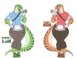 anthro clothed clothing duo female female/female looking_at_viewer milk simple_background teeth thick_thighs tongue tongue_out wide_hips photolol.03 bonk!_atomic_punch bonk_(brand) team_fortress_2 valve scout_(team_fortress_2) dinosaur dromaeosaurid prehistoric_species reptile scalie theropod velociraptor hi_res