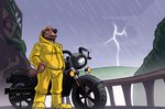 absurd_res anthro clothing coat hi_res male male_anthro motorcycle outside raincoat raining solo thekinkybear thunder topwear vehicle