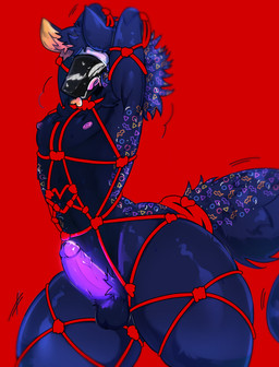 anthro arcade_carpet_pattern balls bdsm big_butt blush bodily_fluids bondage bound butt embarrassed fluffy fluffy_tail genitals heart_symbol huge_butt machine male needy nipples penis protogen_visor red_rope restraints rope rope_bondage rope_harness shaking solo sweat sweatdrop tail thick_thighs tongue tongue_out trembling vein veiny_penis keni_kun_sama nebby_the_protogen protogen absurd_res hi_res