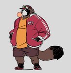 anthro belly biped bottomwear brown_body clothing hat headgear headwear humanoid_hands male overweight overweight_male shirt shorts simple_background solo topwear cyanroll kuon_(cyanroll) canid canine mammal raccoon_dog tanuki 2021