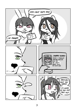 anthro bodily_fluids bouncer brown_eyes comic_panel dialogue female green_eyes group id_card male pink_eyes red_eyes speech_bubble sweat sweatdrop text kyogummi cherry_the_rabbit hedgehog_girl_(kyogummi) wolf_(kyogummi) canid canine canis eulipotyphlan hedgehog lagomorph leporid mammal rabbit wolf absurd_res black_and_white comic english_text hi_res monochrome