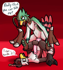 3_toes anal anal_penetration anthro anthro_on_anthro anthro_penetrated anthro_penetrating anthro_penetrating_anthro balls beak big_balls big_penis black_balls black_beak black_body black_feathers claws dialogue duo erection feathers feet genitals glans green_body green_feathers humanoid_genitalia humanoid_penis intraspecies jewelry leg_grab looking_at_another looking_down male male/male male_penetrated male_penetrating male_penetrating_male motion_lines necklace nude open_mouth penetration penis piledriver_position pink_glans pink_penis red_background red_body red_feathers sex simple_background smile speech_bubble tail tail_feathers talons text thrusting toe_claws toes yellow_beak yellow_eyes ultilix nintendo the_legend_of_zelda raphica_(tloz) vence_(tloz) avian rito 2026 english_text hi_res