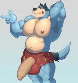 anthro arm_behind armpit_hair armpit_tuft aroused aroused_male balls balls_outline barazoku beer_belly belly belly_hair belly_tuft biceps big_balls big_belly big_muscles big_pecs big_penis blue_body blue_fur blush bodily_fluids body_hair boxers_(clothing) boxers_only bulge chest_hair chest_tuft christmas_clothing christmas_underwear clenched_teeth clothed clothing detailed_bulge erection fur genital_outline genitals gesture grey_background hand_behind_head hand_gesture holidays male manly mature_anthro mature_male multicolored_body multicolored_fur musclegut muscular muscular_anthro muscular_arms muscular_male muscular_thighs nipples overweight overweight_anthro overweight_male pecs penis penis_poking_out penis_through_clothing penis_through_fly penis_through_underwear pointing red_boxers red_clothing red_underwear rubbing_neck simple_background solo standing sweat sweatdrop sweaty_arms sweaty_body sweaty_chest sweaty_legs tail teeth thick_arms thick_thighs topless topless_anthro topless_male tuft underwear underwear_only vein veiny_penis worried worried_face worried_look yellow_body yellow_fur fleshformomo bluey_(series) christmas bandit_heeler australian_cattle_dog canid canine canis cattledog domestic_dog herding_dog mammal pastoral_dog hi_res
