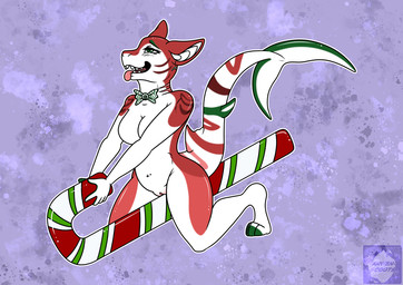 anthro bow_tie breasts candy candy_cane dessert enjoying featureless_breasts female fin food genitals gills grinding peppermint_(candy) solo tongue tongue_out vulva arwenscoots conditional_dnp aquatic fish food_creature living_candy shark