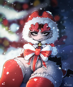 anthro bottom_heavy bow_ribbon christmas_clothing christmas_decorations christmas_lights christmas_tree clothing eyelashes female fluffy gift_bow gift_wrapped glare grumpy headgear headwear holidays legwear looking_at_viewer pear-shaped_figure plant ribbons sitting slight_blush solo tail thick_thighs tree wide_hips reskaro christmas reskaro_kern_(reskaro)