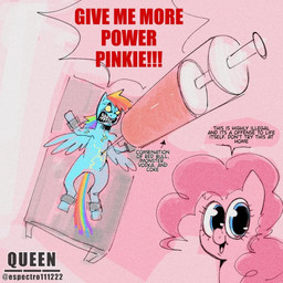 abstract_background blue_body blue_eyes blue_fur dialogue duo feathered_wings feathers female feral fur hooves injection long_mane long_tail looking_at_viewer mane multicolored_mane multicolored_tail open_mouth open_smile pink_body pink_fur pink_mane rainbow_mane rainbow_tail restrained smile snout syringe tail talking_to_viewer teeth text vein wings espectro111222 friendship_is_magic hasbro my_little_pony mythology pinkie_pie_(mlp) rainbow_dash_(mlp) earth_pony equid equine horse mammal mythological_creature mythological_equine pegasus pony 1:1 2025 artist_name digital_drawing_(artwork) digital_media_(artwork) english_text watermark