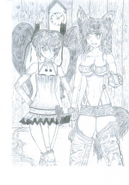 bottomwear breasts clock clothed clothed_humanoid clothing duo female female_humanoid hair hotpants shorts nekobot magical_pokaan liru_(magical_pokaan) pachira_(magical_pokaan) pokahn animal_humanoid canid canid_humanoid canine canine_humanoid humanoid mammal mammal_humanoid vampire wolf_humanoid hi_res traditional_media_(artwork)