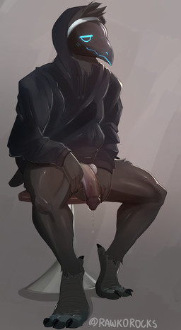 anthro balls beak black_body blush blush_lines bodily_fluids chair clothed clothing feathers feet fur furniture genital_fluids genitals glans hair half-erect hoodie looking_at_viewer machine male nude penis screen screen_face simple_background smile solo tail talons toes topwear rawkorocks alphi_(nightbirby) animal_humanoid avian bird canid corvid corvus_(genus) crow humanoid hybrid mammal oscine passerine protogen digital_media_(artwork) hi_res