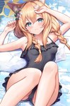 accessory blonde_hair blue_eyes blush clothing female flower flower_in_hair hair hair_accessory lying on_back on_ground one-piece_swimsuit plant solo swimwear water wet sakura_ani blue_archive mari_iochi animal_humanoid canid canid_humanoid canine canine_humanoid fox_humanoid humanoid mammal mammal_humanoid 2023 hi_res