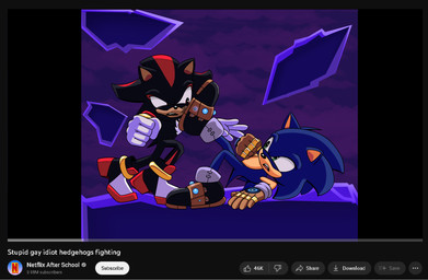 anthro duo fight male male_anthro pronounced_browridge rock shitpost simple_background text unknown_artist gay_nerds_fighting netflix sega sonic_prime sonic_the_hedgehog_(series) youtube shadow_the_hedgehog sonic_the_hedgehog eulipotyphlan hedgehog mammal absurd_res english_text hi_res meme redraw