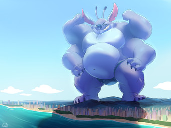 4_arms 4_toes antennae_(anatomy) anthro anthrofied beach biped blue_body blue_claws blue_fur blue_nose city claws clothed clothing day dipstick_antennae feet flexing flexing_bicep fur hands_on_legs hands_on_thighs looking_down macro macro_anthro macro_male male multi_arm multi_limb multicolored_antennae musclegut muscular navel notched_ear outside overweight overweight_anthro overweight_male smile smirk solo speedo speedo_only standing swimwear toes topless vjb disney lilo_and_stitch himbo_stitch stitch_(lilo_and_stitch) alien experiment_(lilo_and_stitch) 2025 digital_media_(artwork) hi_res signature