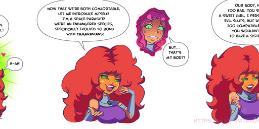bare_shoulders big_hair clothed clothing duo female fusion good_girl green_eyes green_sclera hair nervous orange_body orange_skin parasite possession red_hair simple_background slime text white_background hugoverse cartoon_network dc_comics teen_titans teen_titans_(television_series) starfire_(teen_titans) goo_creature humanoid mammal tamaranean absurd_res english_text half-length_portrait hi_res long_image portrait wide_image