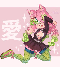 anthro belt black_nose bottomwear braided_pigtails breasts cleavage clothed clothing cosplay countershade_face countershade_torso countershading dress eyelashes female footwear green_eyes highlights_(coloring) legwear looking_at_viewer one_eye_closed open_mouth open_smile pink_body pointy_ears sandals shoes skirt smile socks socks_with_sandals solo stockings teeth thick_eyelashes tongue unbuttoned_dress unbuttoned_topwear wink winking_at_viewer dayanrose kimetsu_no_yaiba sega sonic_the_hedgehog_(series) amy_rose mitsuri_kanroji eulipotyphlan hedgehog mammal hi_res watermark