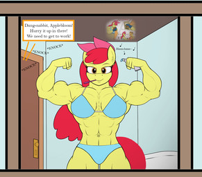 abs anthro anthrofied bathroom big_breasts biped blue_bra blue_clothing blue_panties blue_underwear bra breasts brush brushing brushing_teeth clothed clothed_anthro clothed_female clothing cutaway dialogue female fingers fist flexing flexing_bicep flexing_both_biceps fur hair humanoid_hands humming inside knocking_on_door long_hair looking_at_mirror looking_at_object mirror muscular muscular_anthro muscular_female musical_note musical_symbol navel offscreen_character orange_eyes panties red_hair skimpy smile solo speech_bubble symbol talking_to_another text toothbrush toothpaste underwear yellow_body yellow_fur matchstickman friendship_is_magic hasbro my_little_pony apple_bloom_(mlp) applejack_(mlp) equid equine horse mammal pony 2022 colored english_text hi_res