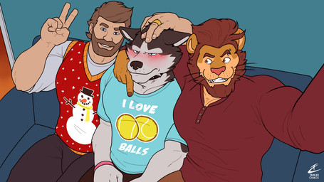 anthro biped christmas_clothing clothed clothing fully_clothed gag_gift group group_photo holidays male male/male posing_for_picture selfie trio tanukichaos christmas extracurricular_activities darius_(extracurricular_activities) eric_(extracurricular_activities) spencer_(extracurricular_activities) canid canine canis domestic_dog felid human husky lion mammal nordic_sled_dog pantherine spitz digital_media_(artwork) hi_res