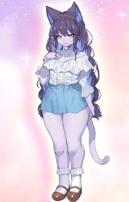 abstract_background anthro biped blouse blue_body blue_fur blue_hair bottomwear clothed clothing female footwear fur hair inner_ear_fluff long_hair looking_at_viewer multicolored_body multicolored_fur multicolored_hair pink_background purple_body purple_fur purple_hair shoes simple_background skirt solo thick_thighs topwear tuft twintails_(hairstyle) yellow_eyes suurin_2 two_beasts_or_not_to_beast hiyuri_kanya official_art