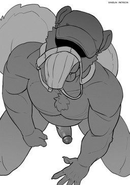 barazoku chest_tuft claws clothing dark_body dark_skin erection genitals gradient hat headgear headwear high-angle_view jockstrap looking_at_viewer male muscular muscular_male musk nude pecs penis simple_background sniffing solo text thick_thighs tongue tongue_out tuft underwear vein white_background sinibun_95 domestic_ferret mammal mustelid musteline true_musteline weasel artist_name greyscale halftone hi_res line_art monochrome