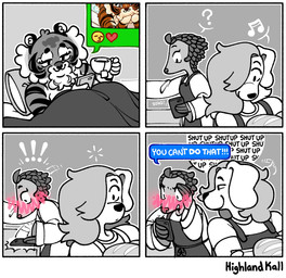 4_panel_comic anthro apron barista bathtub bedding beverage big_cheeks black_ears black_text blanket blue_text_box blush blush_lines blushing_profusely bread bubble_bath cellphone circle_eyebrows clothing comic_panel container cup drinking_tea electronics emanata embarrassed emoji exclamation_point eyebrows facial_tuft female flirting flirting_look floppy_ears food food_tray green_text_box grey_wall group heart_symbol holding_beverage holding_object holding_phone ill loaf looking_at_food looking_at_object looking_at_phone looking_at_viewer looking_back musical_note musical_symbol notification phone pillow pillow_case question_mark sending_nudes serving_tray side_part_hair slamming small_ears smartphone smug smug_face smug_grin snout speech_bubble stripes surprised symbol tea tea_bag text texting texting_ui tray trio tuft under_covers white_text wide_eyed work_uniform highlandkall jun_(highlandkall) li_(highlandkall) naomi_(highlandkall) canid canine canis domestic_dog felid mammal pangolin pantherine tiger 2025 comic digital_drawing_(artwork) digital_media_(artwork) hi_res partially_colored